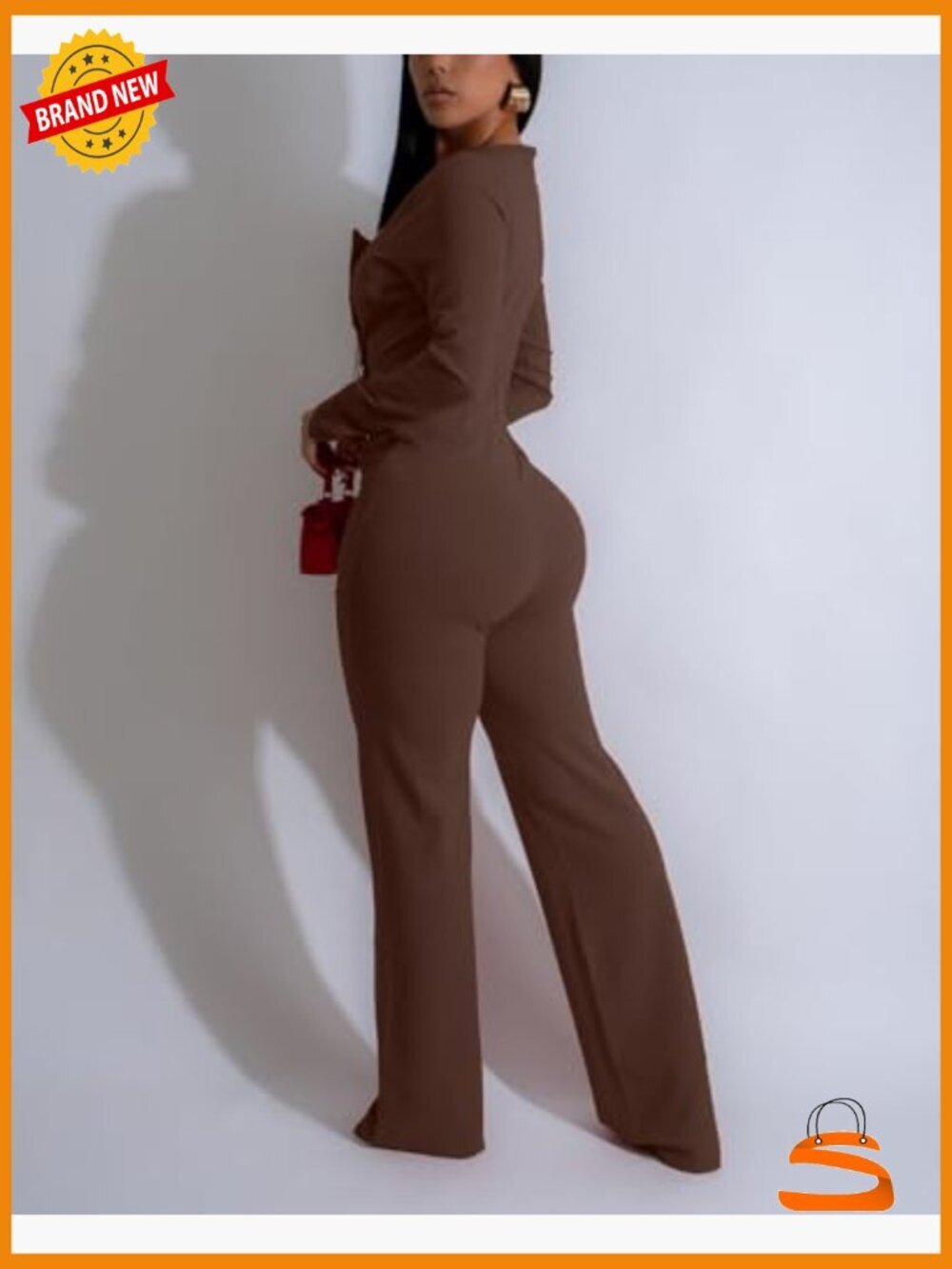 High Waisted Wide Leg Jumpsuit Button Front Mock Neck Puff Sleeve - Picture 4 of 4
